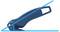 A blue safety knife with an ergonomic handle and hooked blade, suitable for cutting packaging materials.