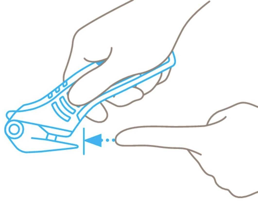Illustration of a nail clipper instruction: One hand holding the clipper, while the other hand positions a finger for cutting.