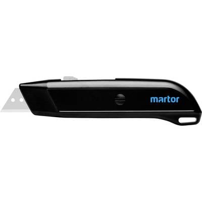 A black safety knife with a removable blade and the blue 'martor' logo on the side. Ideal for cutting.