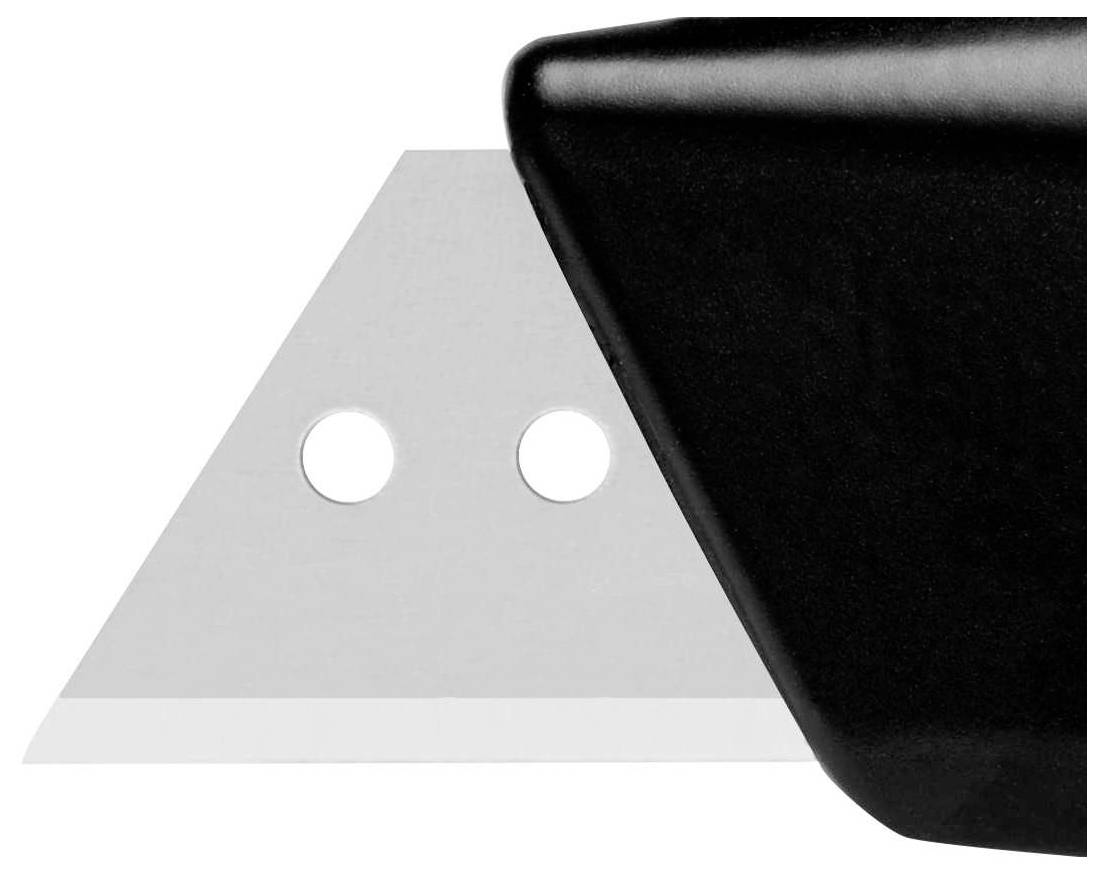 A silver blade replacement part next to a black handle, shown in close-up for a detailed view of its shape and holes.