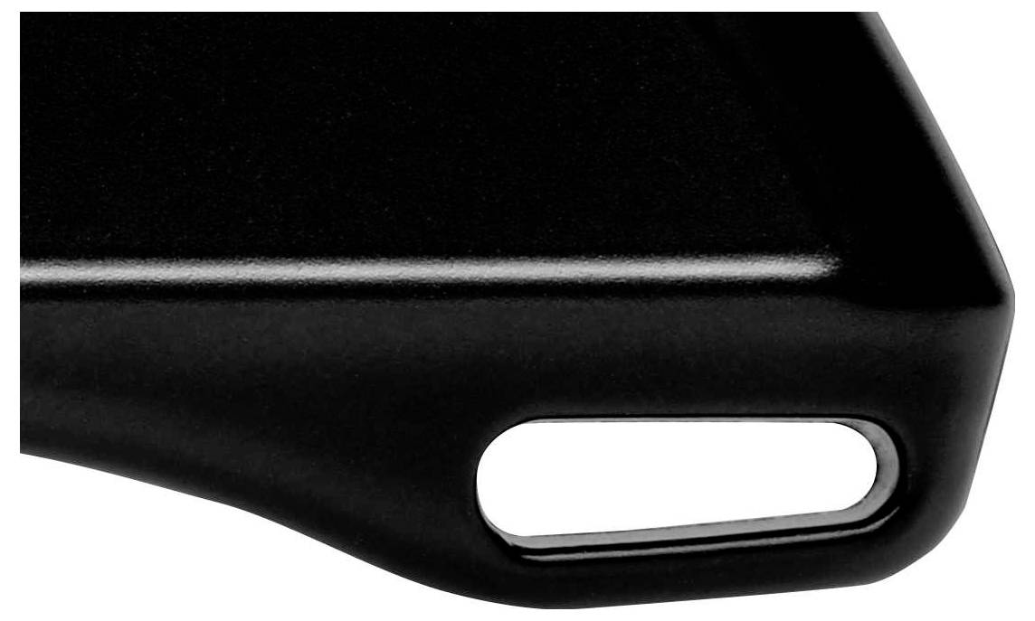 A black housing component with a rounded corner and an oval cut-out on one side.