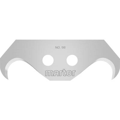 Blade surface with the inscription 'NO. 98' and 'martor'. Two round holes in the centre and curved blades.