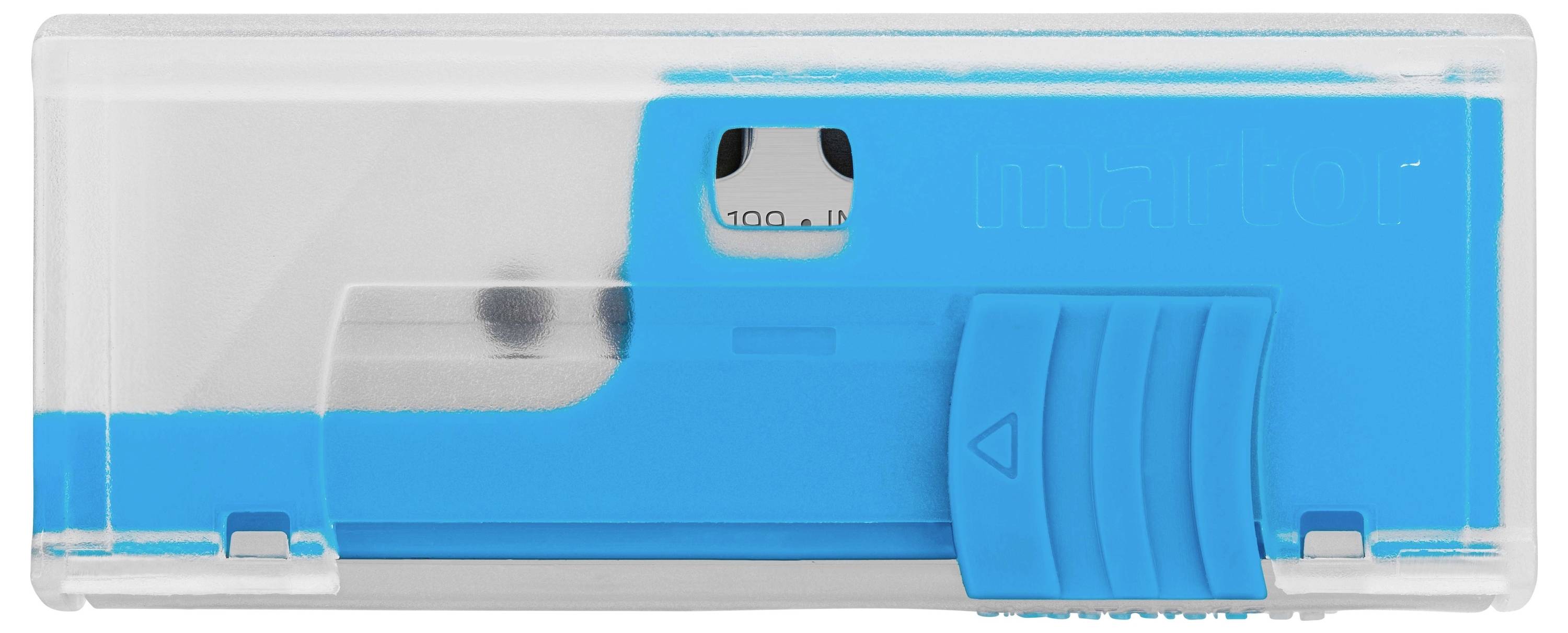 A blue pencil sharpener with a transparent casing.