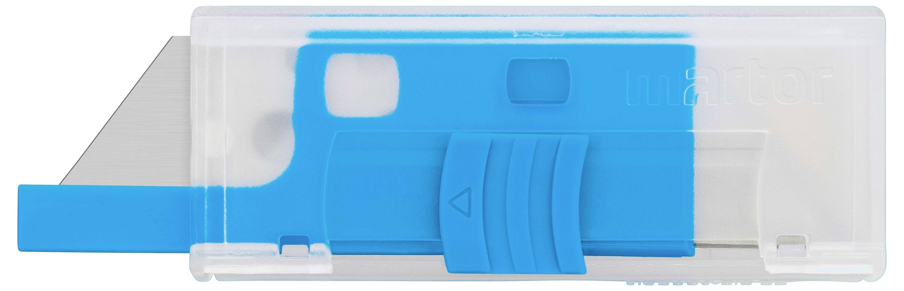 A blue plastic knife holder with a sliding function and visible metal blade. The holder is partially transparent.