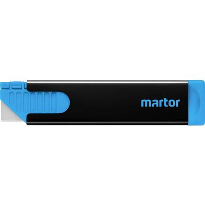 A black safety knife with blue details and the 'martor' inscription on the side.