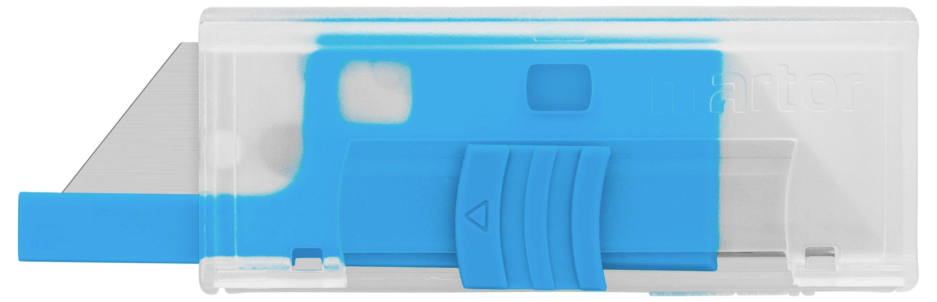 A blue and white safety knife with an integrated blade guard, suitable for safely cutting packaging materials.