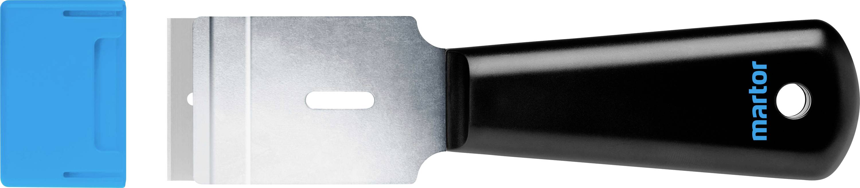 A black scraper with an interchangeable blade and a blue blade guard. The Martor logo is visible on the handle.