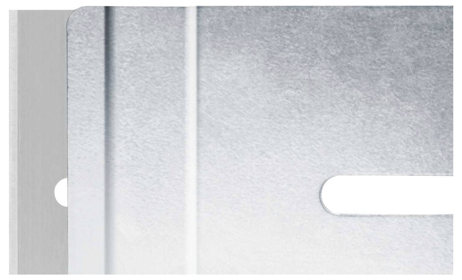 Metallic, grey surface with slits and a vertical line in the centre. Minimalist, industrial design.