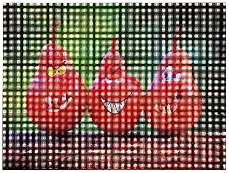 Three red pears with painted, angry faces stand on a wooden board against a green background. They have teeth and eyes.