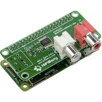 Small green circuit board module with connections and label 'HiFiBerry DAC+ Zero'. Designed for audio applications.