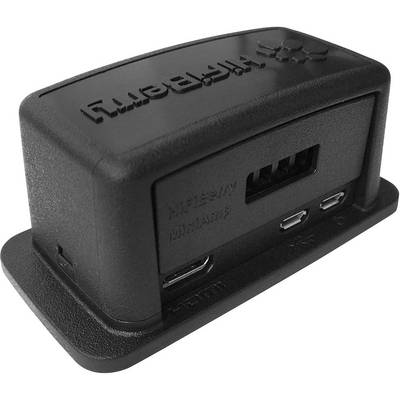A black plastic casing housing an electronic conductor, with openings and connections for cable links.