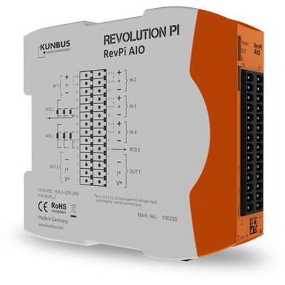 Revolution Pi Module, labelled with 'RevPi AIO', displays multiple connection options and technical specifications on the front.