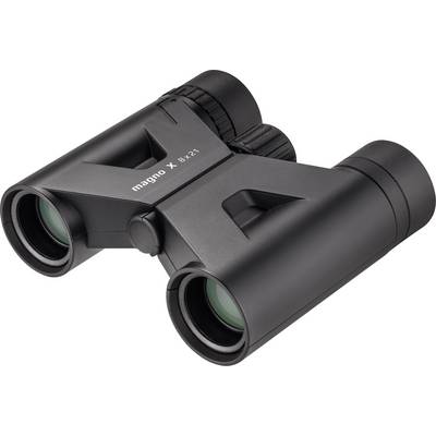 Black 'magno X' binoculars, 8x21 model, in a compact design, suitable for outdoor activities such as bird watching.