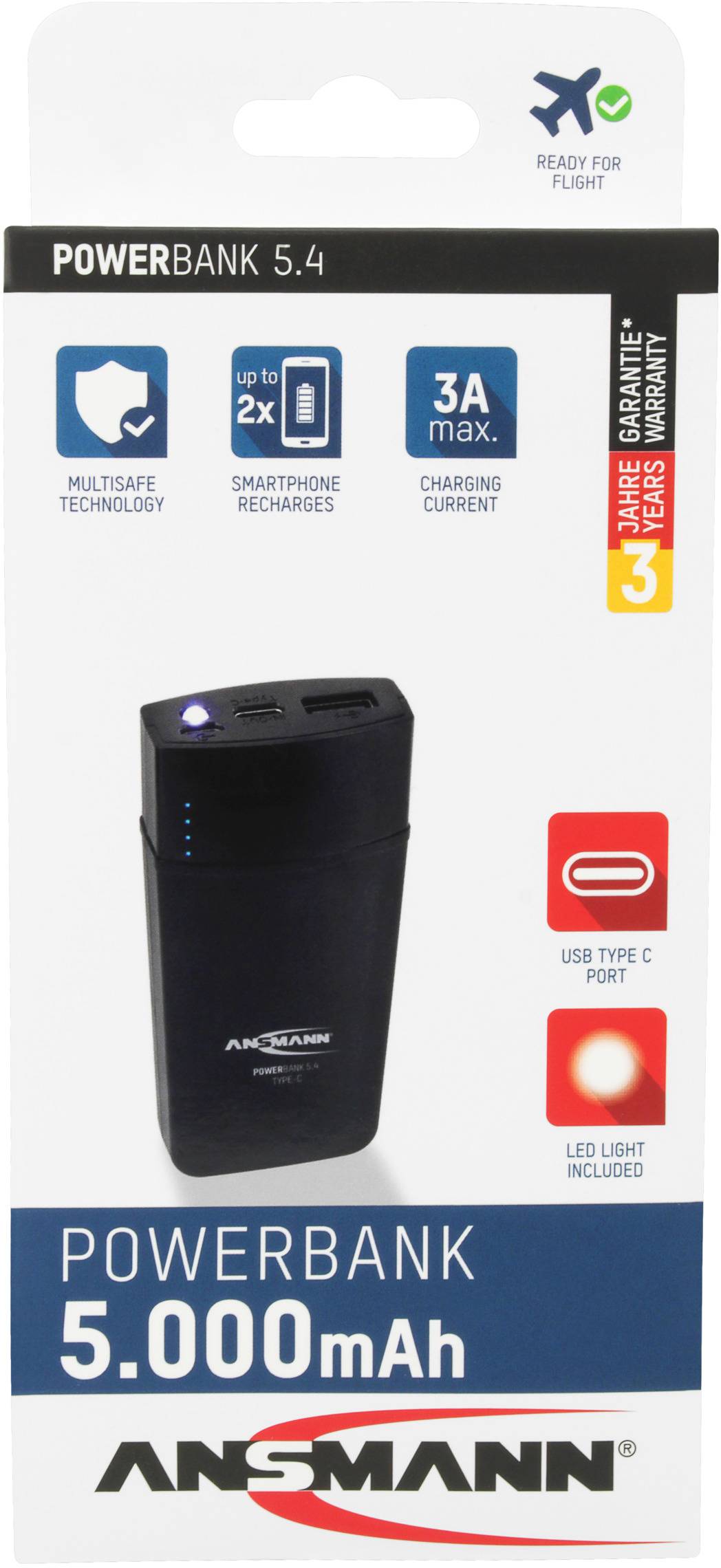 Ansmann 5.4 Typ C Power bank 5000 mAh Smart IC Li-ion Micro USB, USB C® Black Status display, Torch-5