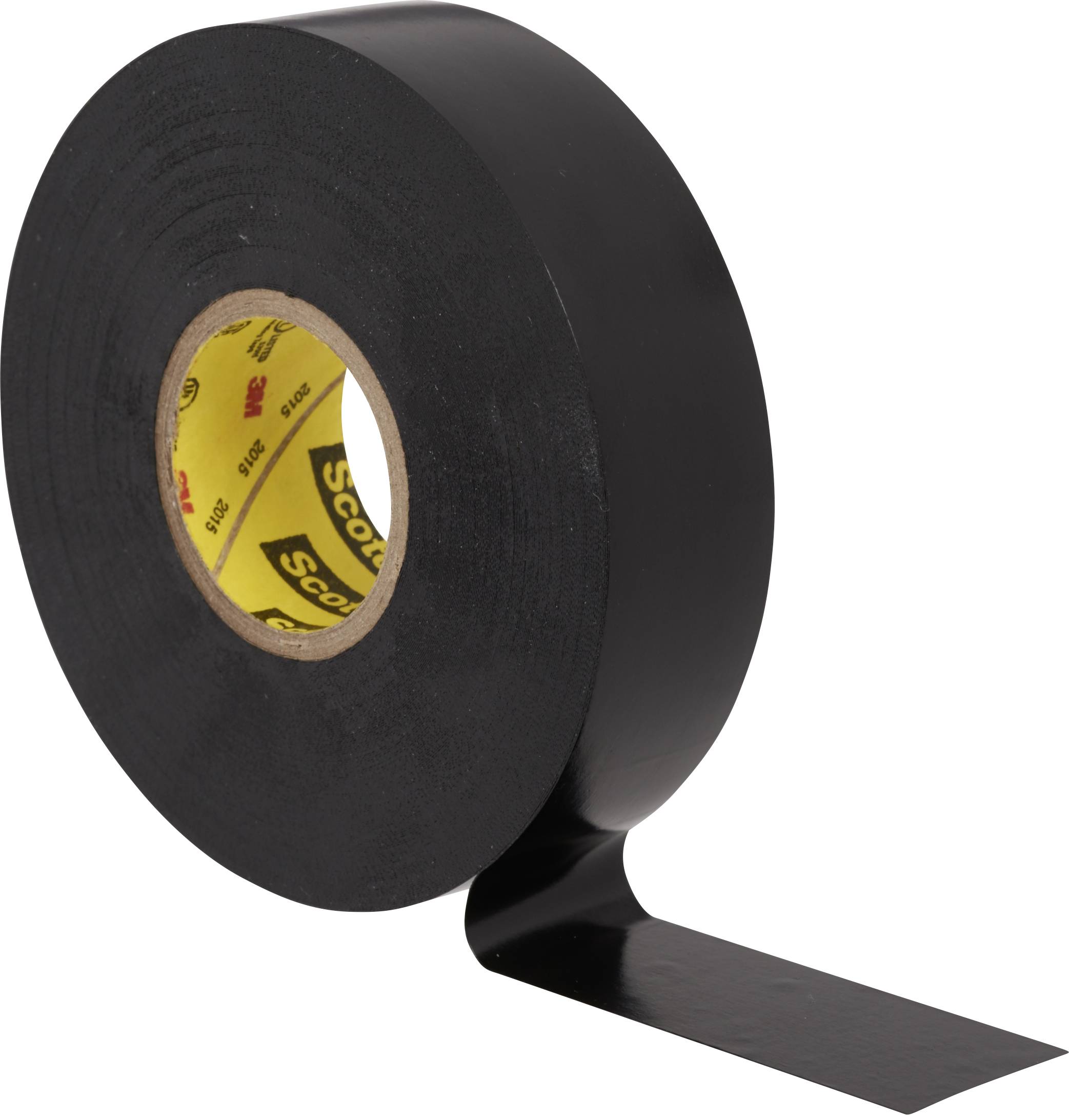 A black roll of electrical tape, partially unravelled, stands upright. It is commonly used for electrical installations.