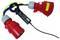 Power adapter with red industrial plugs and a measuring device in the centre, displaying voltage and current. Suitable for professional applications.