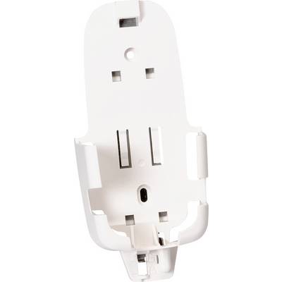 A white, vertical mounting bracket with apertures and fixing points, suitable for wall-mounted installation of a device or sensor.