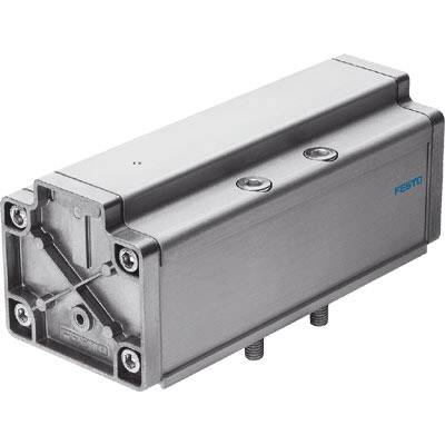 A rectangular pneumatic cylinder made of metal, with a silvery sheen, bearing the 'Festo' inscription on its side.