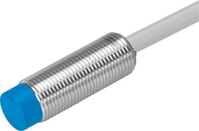 Cylindrical sensor with a blue head, metal housing and connected cable, used for object detection in industrial applications.
