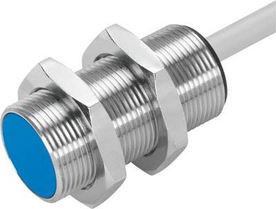 Metallic cylindrical sensor with a blue front section and cable, suitable for industrial applications for distance or presence detection.