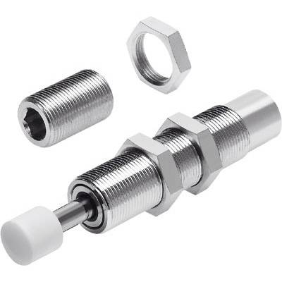A threaded shock absorber with nut and protective cap. The main part shows a cylindrical metal body with two hexagonal nuts.