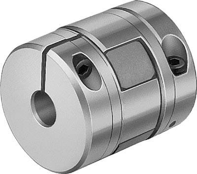A silver metal coupling, consisting of two connected cylindrical parts, with screws for fastening.