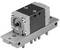 A pneumatic sliding carriage with a rectangular aluminium body and multiple screws, used for mechanical applications.