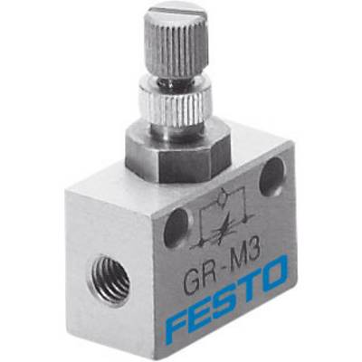 Festo throttle valve with designation 'GR-M3', metal housing, side connection, knurled screw for flow regulation.
