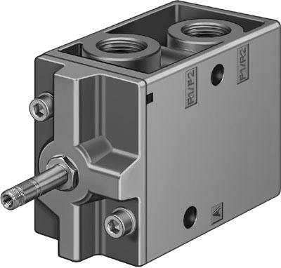 Hydraulic valve with two ports, rectangular metal body, screws and lever. Used in hydraulic systems to control liquid flow.