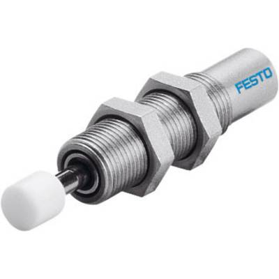 Metal shock absorber with spring system and white plastic tip, designed to dampen and control kinetic energy.
