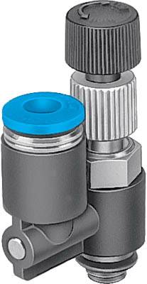 A grey and silver valve with a blue element. Used for controlling the flow of liquid or gas in installations.