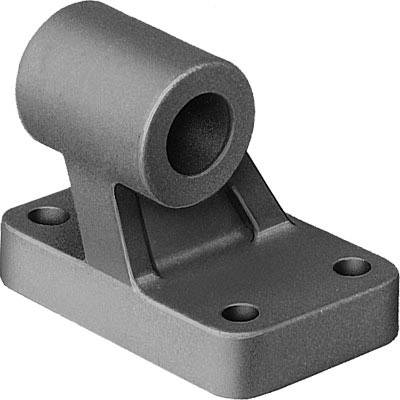 Grey metal mounting bracket with cylindrical opening, mounted on a rectangular base with four holes for fixing.