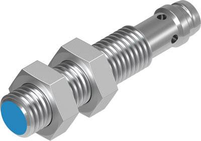 Metallic bolt with two nuts and a blue end, likely part of a machine or vehicle mechanism.