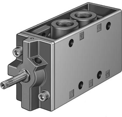 A rectangular pneumatic cylinder with two inlet ports, screws, and a front pin for mechanical applications.