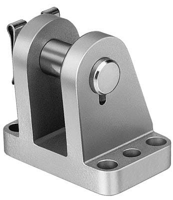 Metallic fastening component with three screw holes and a cylindrical pivot joint. High-quality manufacture, industrial application.