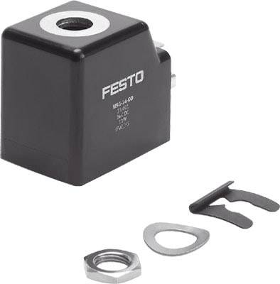 Festo magnetic coil with mounting elements, comprising a nut and two washers.