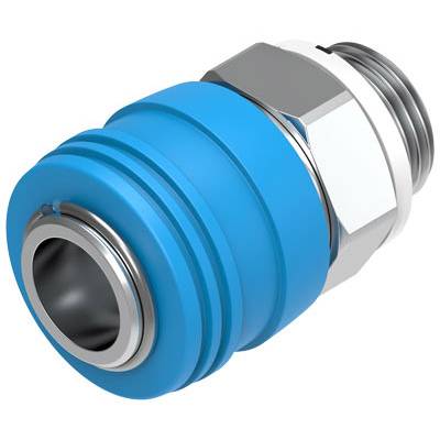 A blue pneumatic connection with metal threading and a locking mechanism, suitable for compressed air applications in industrial systems.