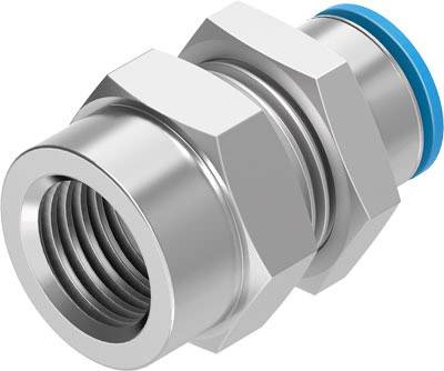 Metal connecting component with a hexagonal central section and thread on one end, blue seal at the other end, for pipe installations.