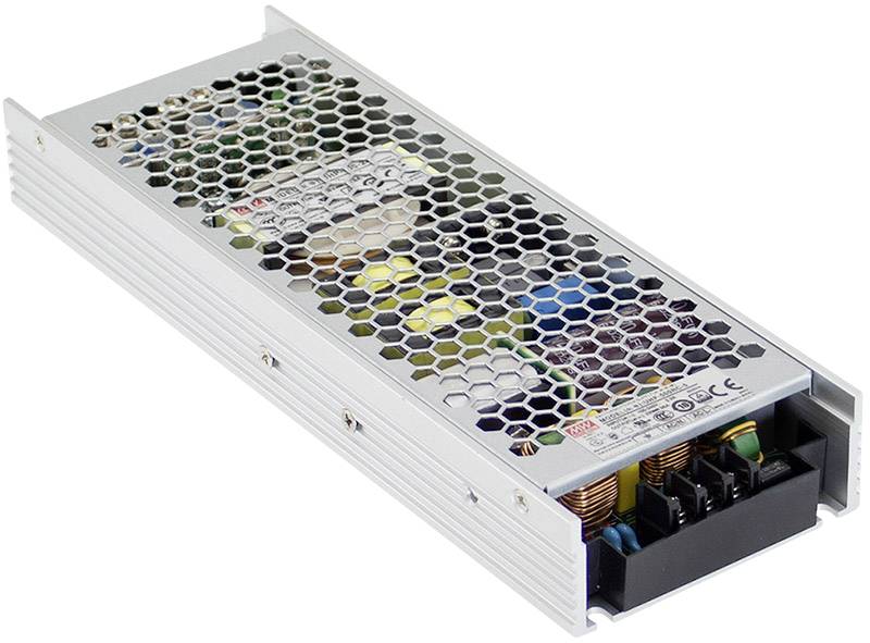 A rectangular metal enclosure with a honeycomb pattern, showing the electronic components of a power supply unit, visible through the cover.