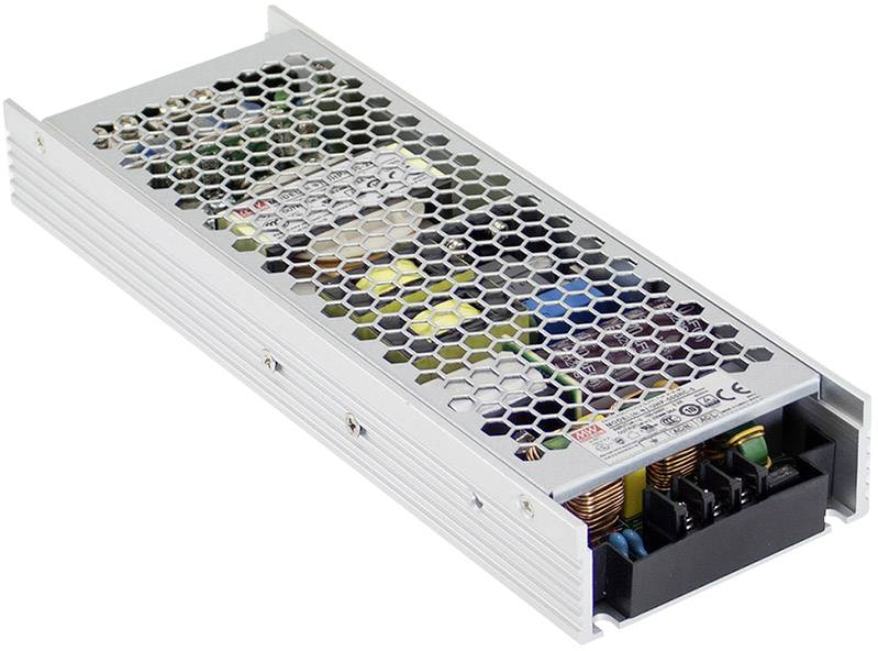 'Metal grid-style power supply box with electronic components inside. Suitable for industrial applications.'