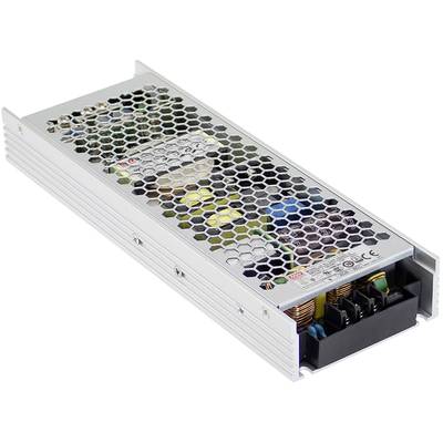 'Metal grid-style power supply box with electronic components inside. Suitable for industrial applications.'