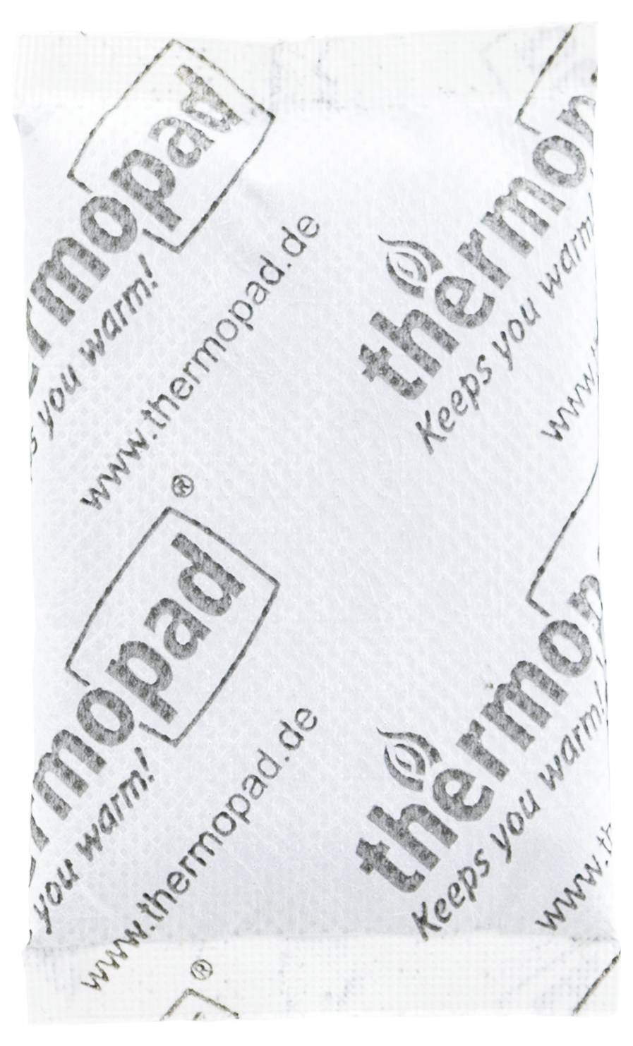 Close-up of a Thermopad branded packet with repeated logo and the text 'Keeps you warm!' and 'www.thermopad.de'.