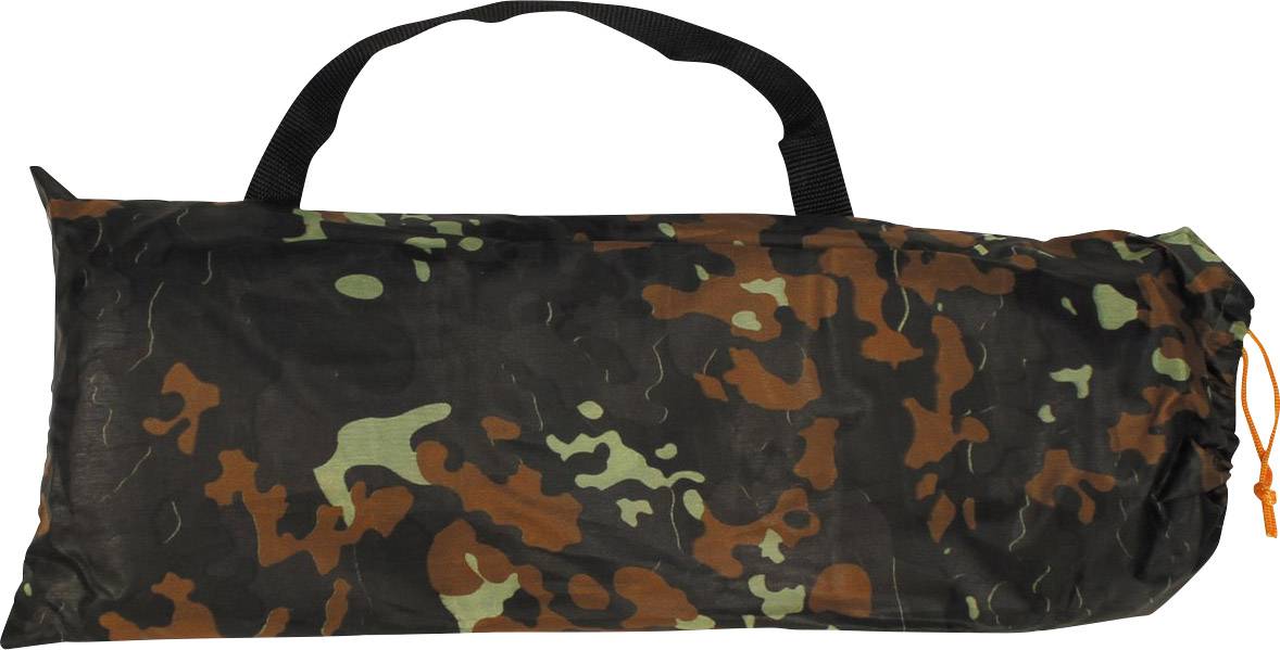 A flat carrier bag in camouflage print with a black handle and orange fastening.