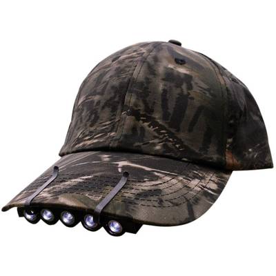 Dark camouflage cap with five integrated LED lights on the front brim. Ideal for outdoor activities in low light conditions.