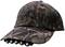 Dark camouflage cap with five integrated LED lights on the front brim. Ideal for outdoor activities in low light conditions.