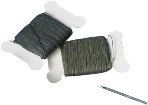 Two reels of thread, one dark grey and the other olive green, are placed on white holders. A sewing needle lies beside them.