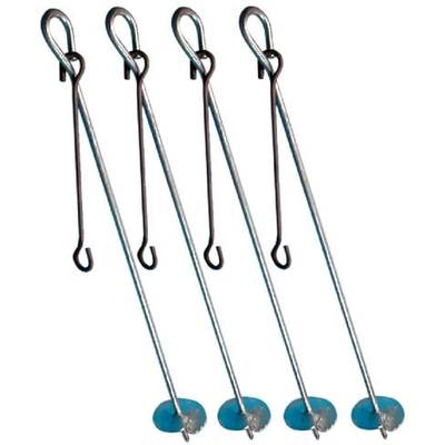 Four metal barbecue skewers with hooks and stand, ideal for cooking and grilling outdoors.