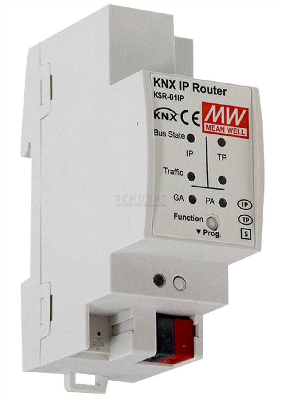 A 'KNX IP Router KSR-01IP' by Mean Well, a device for networking building control systems, with connections and LEDs.