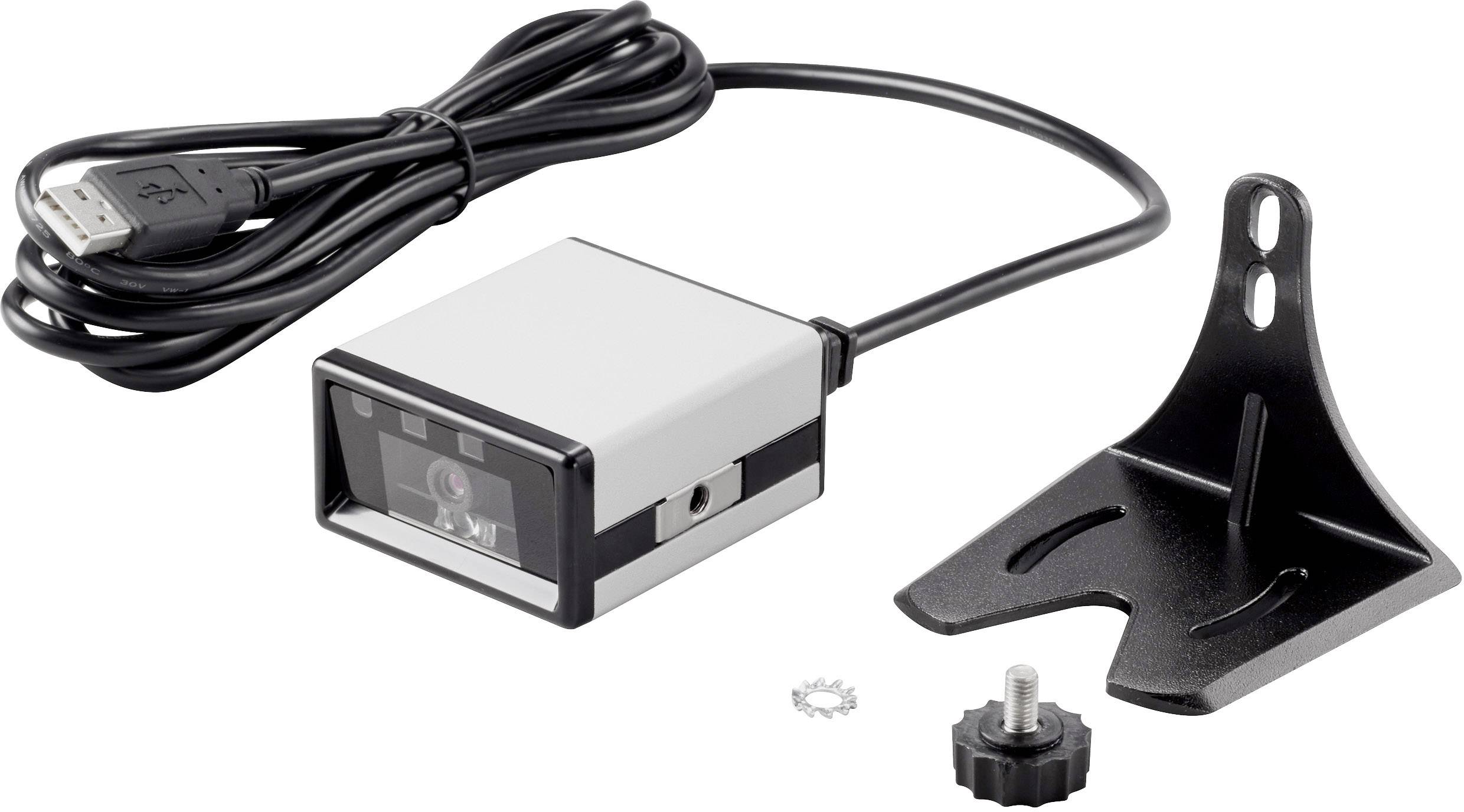 A small, rectangular USB barcode scanner with a cable, positioned next to a black metal mount and an adjustment dial.