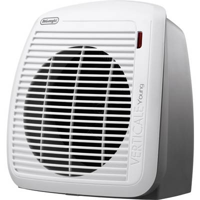 A white electric fan heater with a ventilation grille and the inscription 'VERTICALE Young' on the side.